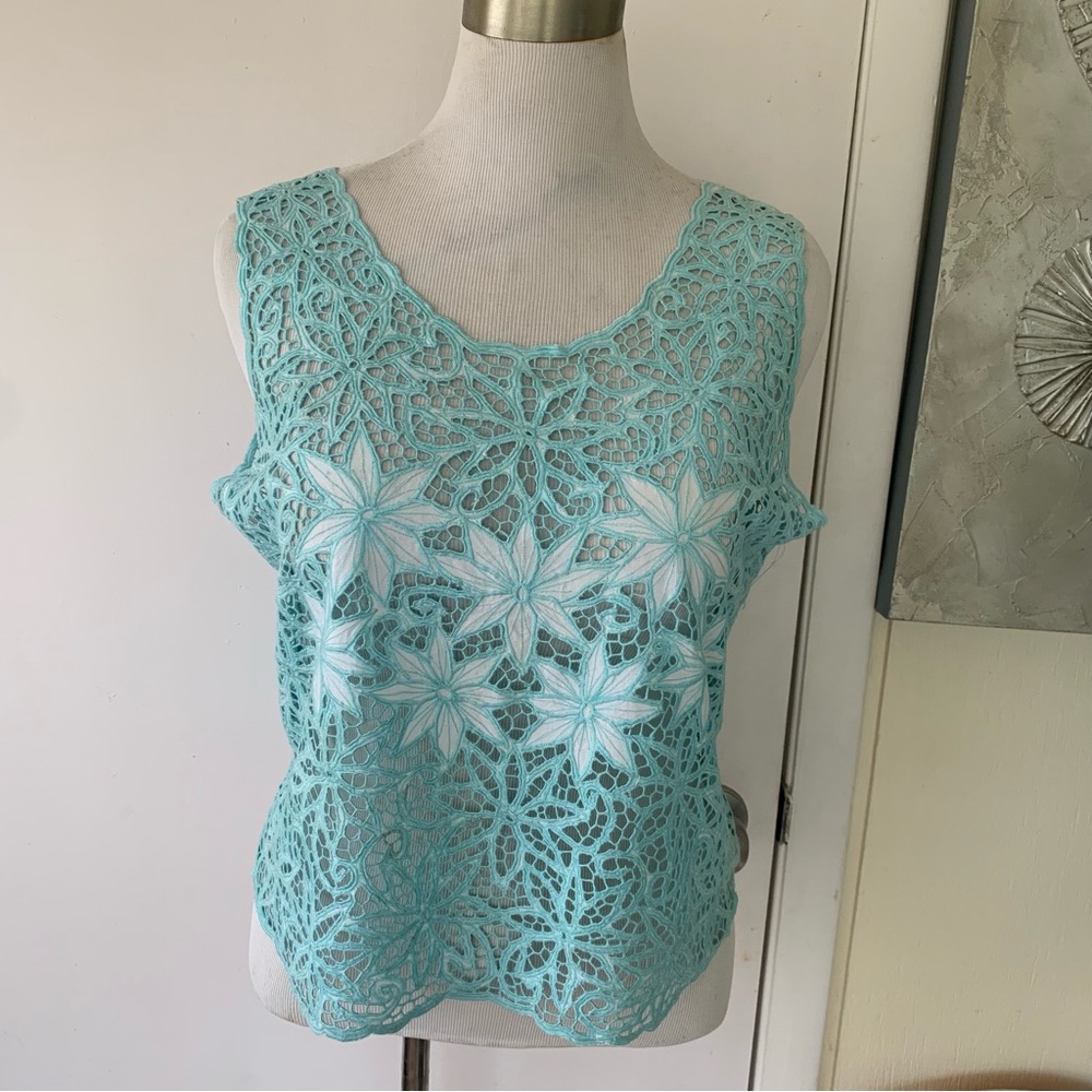Hibis by Papillon 100% rayon  Aqua Crochet Sleeveless top size XL